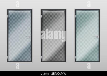 Glass office doors. Modern interior transparent door with handle and lock. Vector set of entrance door shop or boutique, closed shopfront illustration Stock Vector