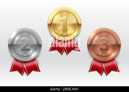 Gold silver bronze medals. Champion winner award metal medal. Honor badges realistic isolated vector set. Medal bronze, silve and gold for championship prize illustration Stock Vector