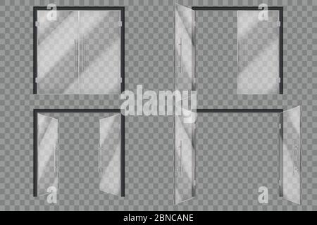 Glass doors. Open closed supermarket outside transparent door isolated vector 3d set. Illustration of glass door, entrance to boutique Stock Vector