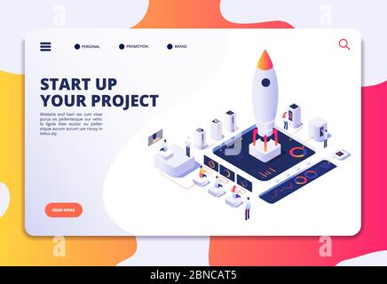 Startup landing page. Successful project launch, isometric rocket people at dashboard. Creative business, customized vector design. Illustration of rocket startup in business, isometric launch Stock Vector