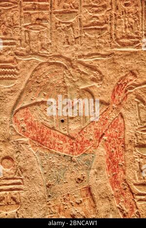 God Khnum, Bas Reliefs, Beit al-Wali Temple, Kalabsha, UNESCO World Heritage Site, Near Aswan, Egypt Stock Photo