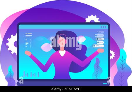Online assistant. Internet technical support, chat with virtual agent. Hotline with supporter vector concept. Illustration of online operator, assistant consultant on laptop Stock Vector