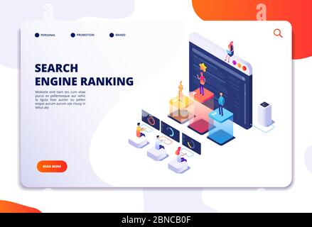Search engine rank isometric landing page. Seo marketing and analytics, online ranking result. 4ir 3d vector concept. Illustration of seo optimization, isometric of web internet Stock Vector