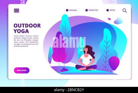 Yoga landing page. Woman doing fitness workout. Healthy life and meditation in forest. Web flat design template. Illustration of woman meditation yoga concentration, banner web page Stock Vector