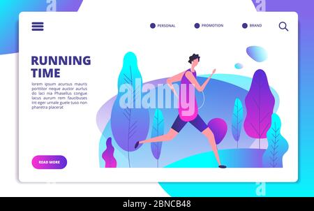 Man running in park. Fitness workout and healthy body life style landing page. Character man run outdoor, fitness and athletic illustration Stock Vector