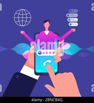 Virtual assistant. Customer operator online technical support. Man hotline operator assists client. Online assistance vector concept. Illustration of operator online, assistance and helpful Stock Vector