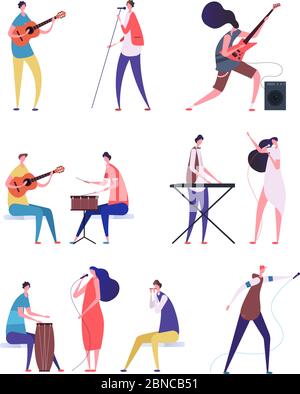 Musicians set. People performing rock music. Artist with musical instruments and singers. Vector cartoon characters isolated. Illustration of musician instrument, performance band people Stock Vector