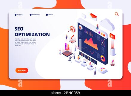 Seo optimization. Ecommerce, internet marketing and online platform isometric 3d concept. Landing web page vector template. Seo optimization and marketing online isometric illustration Stock Vector