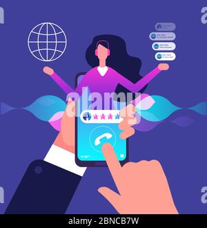 Assistant app. Hotline customer service. Internet adviser talk to client. Virtual support and mobile assistance vector concept. Assistant help service, online operator or consultant phone illustration Stock Vector