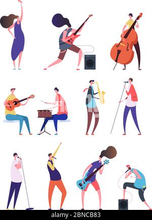 People playing music. Musicians performing rock music singers with microphone guitarist and drummer. Music band flat vector characters. Illustration of band guitarist and singer with microphone Stock Vector
