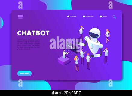 Chatbot isometric concept. Bot chatting with people. Artificial intelligence conversation future technology vector landing page. Development robot for support, virtual ai isometry illustration Stock Vector