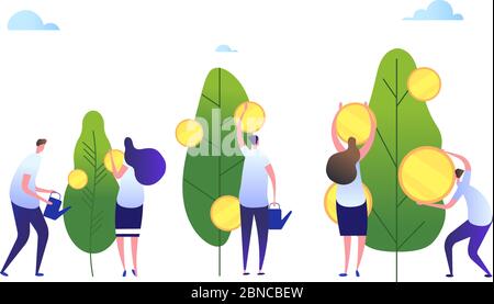 Money growth concept. Cartoon people cultivate company. Cash profit, investment growing wealth business concept. Illustration of growth finance and investment cash money Stock Vector