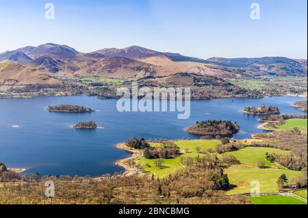 Looking over Derwent Water from Walla Crag in the English Lake District to the north-western fells Stock Photo