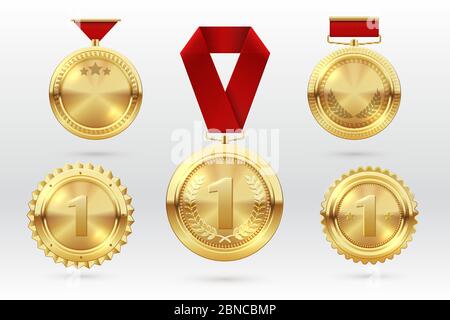Gold medal. Number 1 golden medals with red award ribbons. First placement winner trophy prize. Vector set of golden award and medal trophy illustration Stock Vector