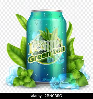 Ice tea background. Realistic can with tea leaves and ice. Product promotion vector mockup. Illustration of green tea drink freshness Stock Vector
