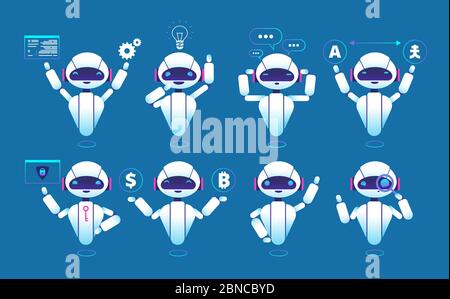 Chatbot character. Cute robot online chat robot in different poses. Chatterbot vector isolated set. Virtual robot and chatterbot, chatbot online service illustration Stock Vector