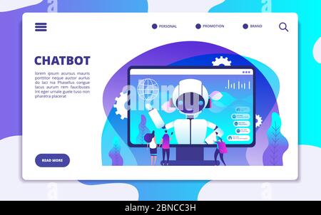 Chatbot landing page. Ai robot chatting with woman and man. Artificial intelligence presentation vector concept. Illustration of page support with chatbot, chatterbot chatting, robot helpline Stock Vector