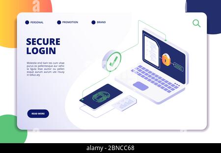 Authentication isometric concept. Password, login authorization fingerprint access. Data safe and protection landing vector page. Illustration of login verification approvement, authorize Stock Vector