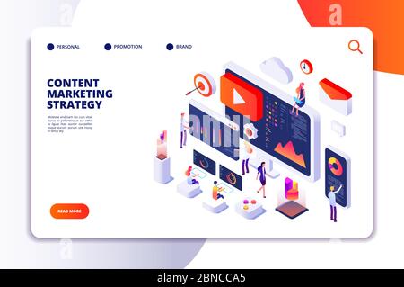 Content marketing landing page. Contents creation specialist and article writers. Writing service isometric concept. Illustration of article write copywriting for website Stock Vector