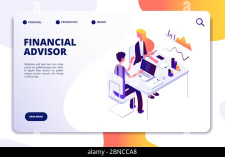 Financial advisor isometric concept. Business data analysis with professional team. Money investment management vector landing page. Illustration of business financial report, consultant finance Stock Vector