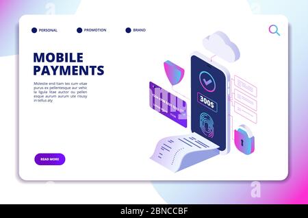 Mobile payments isometric concept. Online secure payment smartphone app. Banking internet shopping technology vector landing page. Illustration of online mobile payment with smartphone Stock Vector