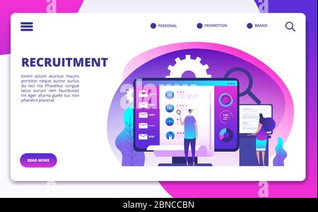 Recruitment concept. Hire workers, choice employers search team for job. Recruiter people working on hr resume. Vector landing page. Illustration of choose employer, recruitment and hire Stock Vector