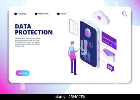 Data protection isometric concept. Personal identity, protected document finance security. Confidential business vector landing page. Protection and identity privacy personal illustration Stock Vector
