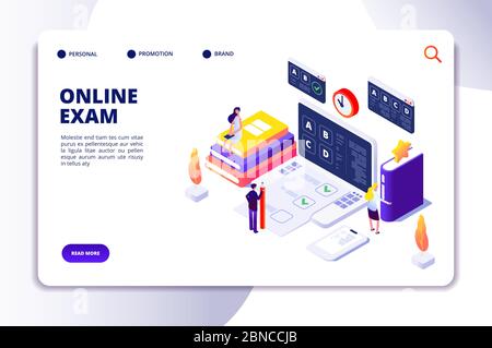 Online questionnaire isometric concept. Exam quiz application, people in online voting. Survey checklist landing vector page. Isometric computer online exam for education illustration Stock Vector