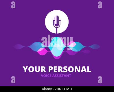 Personal voice assistant. Sound recognition concept with soundwave and microphone icon. Intelligent technology vector background. Voice sound, soundwave and microphone, personal assistant illustration Stock Vector
