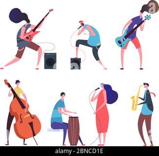 Music band. Cartoon musicians, punk guys with musical instruments playing rock music on stage vector set isolated. Illustration of guitarist with instrument, rock musician Stock Vector