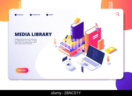 Online library isometric concept. People in bibliotheque, books laptops. Reading technology electronic library vector landing page. Library media isometric, book online illustration Stock Vector