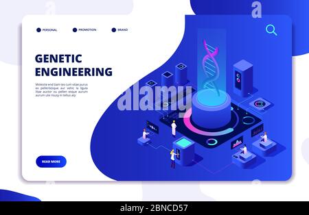 DNA isometric concept. Genetic engineering lab with people scientists. Doctors researching cells. DNA gene therapy vector landing page. Genetic dna lab, medicine biology illustration Stock Vector