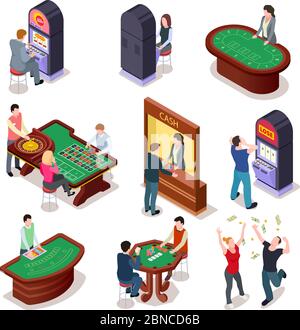 Casino isometric. Poker roulette table, slot machines in playing room. Nightclub entertainment casino gambling 3d vector set. Gambling casino 3d table illustration, roulette and poker Stock Vector