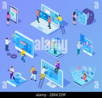 People and app interfaces isometric concept. Users and developers work with mobile phone and computer ui. 3d vector icons set. People development technology application construction Stock Vector