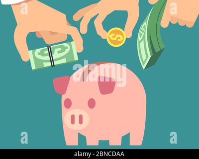 Saving money flat vector concept illustration style. Hand hold banknote cash and put in piggybank Stock Vector