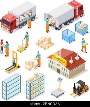 Delivery isometric. Logistic, distribution warehouse, truck with people workers carrying boxes package. 3d cargo industry vector set. Illustration of truck logistic transport, industrial delivery Stock Vector