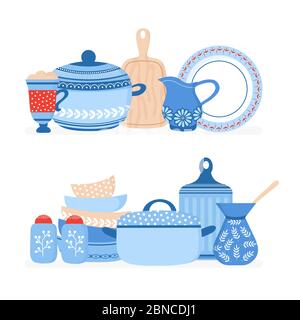 Cartoon cookware. Kitchen crockery, cooking tools vector isolated set. Illustration of cooking kitchenware, crockery for cookware Stock Vector