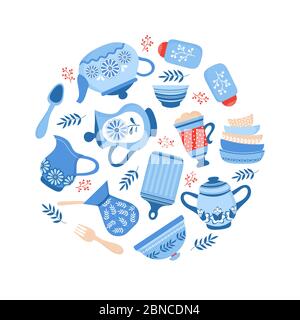 Crockery ceramic cookware. Blue porcelain bowls, dishes and plates isolated on white background. Vector cookware and crockery, dish ceramic, utensil and kitchenware illustration Stock Vector