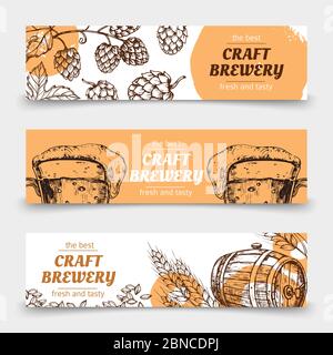 Doodle sketch brewery vintage vector banners with beer and hops. Illustration of beer brewery card, sketch alcohol beverage Stock Vector