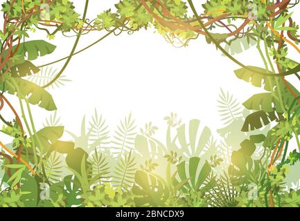 Jungle tropical background. Rainforest with tropic leaves and liana vines. Nature landscape with tropical trees. Vector illustration. Liana jungle green nature, tropical landscape forest Stock Vector