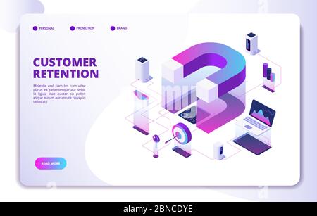 Customer retention isometric landing page. Client loyalty sale branding marketing, relationship. Attractive business vector concept. Illustration of customer retention service, marketing management Stock Vector