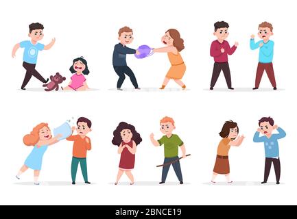 Angry kids. Bad boys and girls confronting and bullying smaller children. Bad behavior kid vector character. Illustration of boy and girl bullying, childhood violence Stock Vector