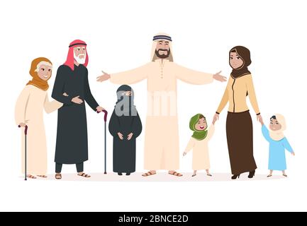 Arab family. Muslim mother and father, happy kids and elderly persons. Saudi islam cartoon vector characters. Illustration of family saudi arab, muslim father and mother with children Stock Vector