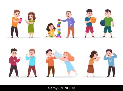 Kids behavior. Bad boys and girls confronting and bullying smaller children. Good friendly kids play together vector characters. Illustration of girl and boy play friendly together Stock Vector