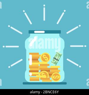 Flat money glass jar illustration. Saving money concept. Save moneybox, keep cash in glass bottle Stock Vector