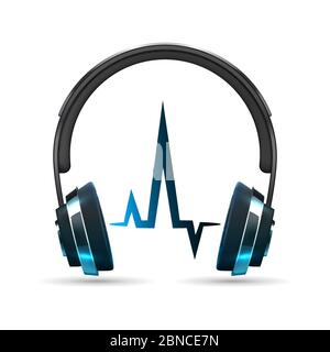 Realistic vector headphones with sound wave isolated on white background. Illustration of headphone stereo and earphone Stock Vector