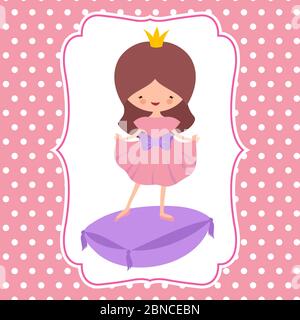 Little cartoon character sweet princess vector card template. Woman princess costume, avatar girl child with crown Stock Vector
