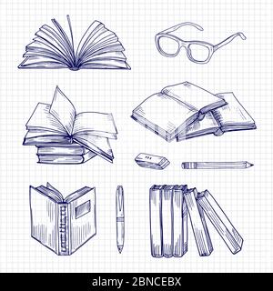 Sketch books and stationery. Vintage library doodle vector collection. Illustration of stationery book and notebook paper, pen and glasses Stock Vector