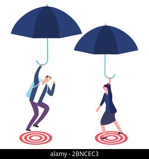 Businessman and businesswoman with umbrella aiming on target. Risky business, success and focus vector concept. Illustration of business target aim Stock Vector