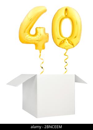 Golden number forty balloon flying out of blank white box isolated on white background Stock Photo